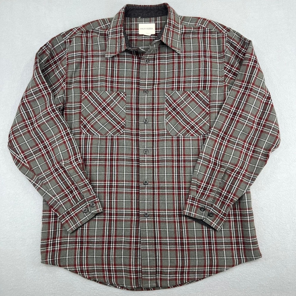 High Sierra Mens Plaid Button Down Shirt Grey Red Wool Blend Large